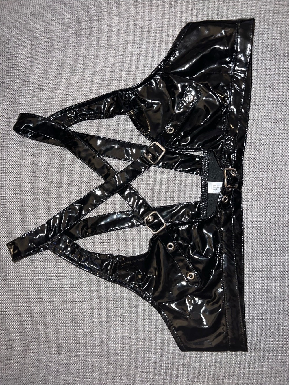 iEFiEL Black Patent Strappy Buckle Harness Bottoms